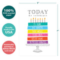 Load image into Gallery viewer, The cover of Tree-Free’s Celebrating 70 card with lines demonstrating its 5x7 dimensions, along with the following text: “100% PCW recycled paper, proudly made in the USA, sustainably printed on extra-thick card stock”