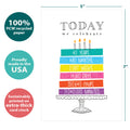 Load image into Gallery viewer, The cover of Tree-Free’s Celebrating 40 card with lines demonstrating its 5x7 dimensions, along with the following text: “100% PCW recycled paper, proudly made in the USA, sustainably printed on extra-thick card stock”