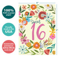 Load image into Gallery viewer, The cover of Tree-Free’s Sweet 16 card with lines demonstrating its 5x7 dimensions, along with the following text: “100% PCW recycled paper, proudly made in the USA, sustainably printed on extra-thick card stock”