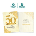 Load image into Gallery viewer, The cover and inside of Tree-Free’s 50 Golden Years card, along with the following text: “6 greeting cards, 6 matching envelopes”