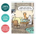 Load image into Gallery viewer, The cover of Tree-Free’s Dogopoly card with lines demonstrating its 5x7 dimensions, along with the following text: “100% PCW recycled paper, proudly made in the USA, sustainably printed on extra-thick card stock”