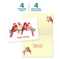 Load image into Gallery viewer, The cover and inside of Tree-Free’s Happy Cardinals card, along with the following text: “4 greeting cards, 4 matching envelopes”