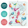Load image into Gallery viewer, The cover of Tree-Free’s Bird Day Wishes card with lines demonstrating its 5x7 dimensions, along with the following text: “100% PCW recycled paper, proudly made in the USA, sustainably printed on extra-thick card stock”