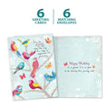 Load image into Gallery viewer, The cover and inside of Tree-Free’s Bird Day Wishes card, along with the following text: “6 greeting cards, 6 matching envelopes”