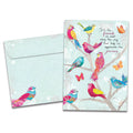 Load image into Gallery viewer, Cover of Bird Day Wishes Birthday card (featuring script text above artwork of several birds sitting on tree branches surrounded by butterflies and flowers) and its matching envelope
