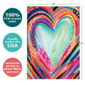 Load image into Gallery viewer, The cover of Tree-Free’s Artful Heart card with lines demonstrating its 5x7 dimensions, along with the following text: “100% PCW recycled paper, proudly made in the USA, sustainably printed on extra-thick card stock”