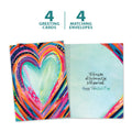 Load image into Gallery viewer, The cover and inside of Tree-Free’s Artful Heart card, along with the following text: “4 greeting cards, 4 matching envelopes”