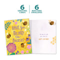 Load image into Gallery viewer, The cover and inside of Tree-Free’s Honey Bee Day card, along with the following text: “6 greeting cards, 6 matching envelopes”