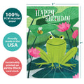 Load image into Gallery viewer, The cover of Tree-Free’s Leap for Joy card with lines demonstrating its 5x7 dimensions, along with the following text: “100% PCW recycled paper, proudly made in the USA, sustainably printed on extra-thick card stock”