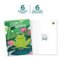 Load image into Gallery viewer, The cover and inside of Tree-Free’s Leap for Joy card, along with the following text: “6 greeting cards, 6 matching envelopes”