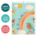 Load image into Gallery viewer, The cover of Tree-Free’s Sky Limit card with lines demonstrating its 5x7 dimensions, along with the following text: “100% PCW recycled paper, proudly made in the USA, sustainably printed on extra-thick card stock”