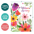 Load image into Gallery viewer, The cover of Tree-Free’s Beauty and Blessings card with lines demonstrating its 5x7 dimensions, along with the following text: “100% PCW recycled paper, proudly made in the USA, sustainably printed on extra-thick card stock”
