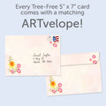 Load image into Gallery viewer, The inside of Tree-Free’s Sunshine and Smiles card, with the cover and envelope in the background.