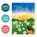 Load image into Gallery viewer, The cover of Tree-Free’s Sunset Wish card with lines demonstrating its 5x7 dimensions, along with the following text: “100% PCW recycled paper, proudly made in the USA, sustainably printed on extra-thick card stock”