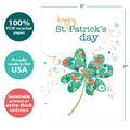 Load image into Gallery viewer, The cover of Tree-Free’s Luck and Cheer card with lines demonstrating its 5x7 dimensions, along with the following text: “100% PCW recycled paper, proudly made in the USA, sustainably printed on extra-thick card stock”