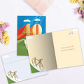 Load image into Gallery viewer, The inside of Tree-Free’s Good Times 40 card, with the cover and envelope in the background.