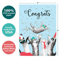 Load image into Gallery viewer, The cover of Tree-Free’s Cat Congrats card with lines demonstrating its 5x7 dimensions, along with the following text: “100% PCW recycled paper, proudly made in the USA, sustainably printed on extra-thick card stock”