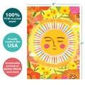 Load image into Gallery viewer, The cover of Tree-Free’s Grateful Sun card with lines demonstrating its 5x7 dimensions, along with the following text: “100% PCW recycled paper, proudly made in the USA, sustainably printed on extra-thick card stock”