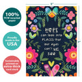 Load image into Gallery viewer, The cover of Tree-Free’s Unseen Places card with lines demonstrating its 5x7 dimensions, along with the following text: “100% PCW recycled paper, proudly made in the USA, sustainably printed on extra-thick card stock”