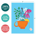 Load image into Gallery viewer, The cover of Tree-Free’s Feel Better Tea card with lines demonstrating its 5x7 dimensions, along with the following text: “100% PCW recycled paper, proudly made in the USA, sustainably printed on extra-thick card stock”