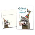 Load image into Gallery viewer, Cover of Like a Raccoon Birthday card (featuring script and serif text above artwork of a bird and a raccoon wearing party hats and eating cake) and its matching envelope