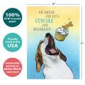 Load image into Gallery viewer, The cover of Tree-Free’s Cupcake for Breakfast card with lines demonstrating its 5x7 dimensions, along with the following text: “100% PCW recycled paper, proudly made in the USA, sustainably printed on extra-thick card stock”