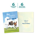 Load image into Gallery viewer, The cover and inside of Tree-Free’s Gate Left Open card, along with the following text: “6 greeting cards, 6 matching envelopes”
