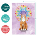 Load image into Gallery viewer, The cover of Tree-Free’s Good Vibes Cat card with lines demonstrating its 5x7 dimensions, along with the following text: “100% PCW recycled paper, proudly made in the USA, sustainably printed on extra-thick card stock”