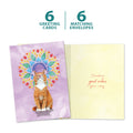Load image into Gallery viewer, The cover and inside of Tree-Free’s Good Vibes Cat card, along with the following text: “6 greeting cards, 6 matching envelopes”