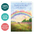 Load image into Gallery viewer, The cover of Tree-Free’s Sweet Cat Rainbow card with lines demonstrating its 5x7 dimensions, along with the following text: “100% PCW recycled paper, proudly made in the USA, sustainably printed on extra-thick card stock”