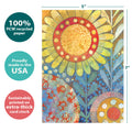 Load image into Gallery viewer, The cover of Tree-Free’s Golden Glow card with lines demonstrating its 5x7 dimensions, along with the following text: “100% PCW recycled paper, proudly made in the USA, sustainably printed on extra-thick card stock”