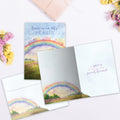 Load image into Gallery viewer, The inside of Tree-Free’s Rainbow Bridge card, with the cover and envelope in the background.