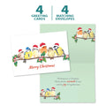 Load image into Gallery viewer, The cover and inside of Tree-Free’s Bird Togetherness card, along with the following text: “4 greeting cards, 4 matching envelopes”