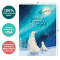 Load image into Gallery viewer, The cover of Tree-Free’s Polar Bear Wonder card with lines demonstrating its 5x7 dimensions, along with the following text: “100% PCW recycled paper, proudly made in the USA, sustainably printed on extra-thick card stock”