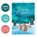 Load image into Gallery viewer, The cover of Tree-Free’s Happy Hedgehogs card with lines demonstrating its 5x7 dimensions, along with the following text: “100% PCW recycled paper, proudly made in the USA, sustainably printed on extra-thick card stock”