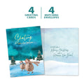 Load image into Gallery viewer, The cover and inside of Tree-Free’s Happy Hedgehogs card, along with the following text: “4 greeting cards, 4 matching envelopes”