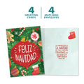 Load image into Gallery viewer, The cover and inside of Tree-Free’s Navidad Ornament card, along with the following text: “4 greeting cards, 4 matching envelopes”