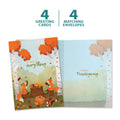 Load image into Gallery viewer, The cover and inside of Tree-Free’s Grateful Foxes card, along with the following text: “4 greeting cards, 4 matching envelopes”