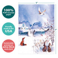 Load image into Gallery viewer, The cover of Tree-Free’s Winter Serenity card with lines demonstrating its 5x7 dimensions, along with the following text: “100% PCW recycled paper, proudly made in the USA, sustainably printed on extra-thick card stock”