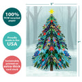Load image into Gallery viewer, The cover of Tree-Free’s Tree Sparkle card with lines demonstrating its 5x7 dimensions, along with the following text: “100% PCW recycled paper, proudly made in the USA, sustainably printed on extra-thick card stock”