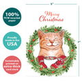 Load image into Gallery viewer, The cover of Tree-Free’s Joyous Cat card with lines demonstrating its 5x7 dimensions, along with the following text: “100% PCW recycled paper, proudly made in the USA, sustainably printed on extra-thick card stock”