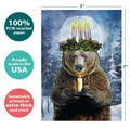 Load image into Gallery viewer, The cover of Tree-Free’s Bear Light card with lines demonstrating its 5x7 dimensions, along with the following text: “100% PCW recycled paper, proudly made in the USA, sustainably printed on extra-thick card stock”