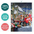 Load image into Gallery viewer, The cover of Tree-Free’s Dog Love card with lines demonstrating its 5x7 dimensions, along with the following text: “100% PCW recycled paper, proudly made in the USA, sustainably printed on extra-thick card stock”