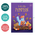 Load image into Gallery viewer, The cover of Tree-Free’s Pumpkin Birds card with lines demonstrating its 5x7 dimensions, along with the following text: “100% PCW recycled paper, proudly made in the USA, sustainably printed on extra-thick card stock”