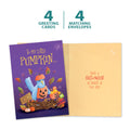 Load image into Gallery viewer, The cover and inside of Tree-Free’s Pumpkin Birds card, along with the following text: “4 greeting cards, 4 matching envelopes”