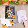 Load image into Gallery viewer, The inside of Tree-Free’s Spooky Pets card, with the cover and envelope in the background.