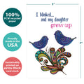 Load image into Gallery viewer, The cover of Tree-Free’s Blink and Grow Daughter card with lines demonstrating its 5x7 dimensions, along with the following text: “100% PCW recycled paper, proudly made in the USA, sustainably printed on extra-thick card stock”