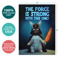 Load image into Gallery viewer, The cover of Tree-Free’s Force is Strong Son card with lines demonstrating its 5x7 dimensions, along with the following text: “100% PCW recycled paper, proudly made in the USA, sustainably printed on extra-thick card stock”