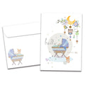 Load image into Gallery viewer, Cover of Hello Little One New Baby card (featuring script and serif text next to artwork of a bassinet surrounded by stars and various stuffed animals) and its matching envelope
