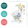 Load image into Gallery viewer, The cover of Tree-Free’s Hello Little One card with lines demonstrating its 5x7 dimensions, along with the following text: “100% PCW recycled paper, proudly made in the USA, sustainably printed on extra-thick card stock”